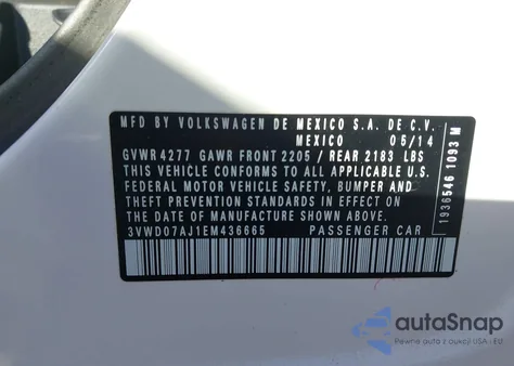 2014 Volkswagen Jetta 1.8T Se z USA, uszkodzony, nr VIN 3VWD07AJ1EM436665